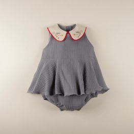 Greyish-Blue Romper Suit with Embroidered Collar